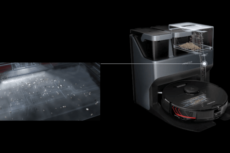 The operation of the Roborock S7 MaxV Ultra suction station is shown